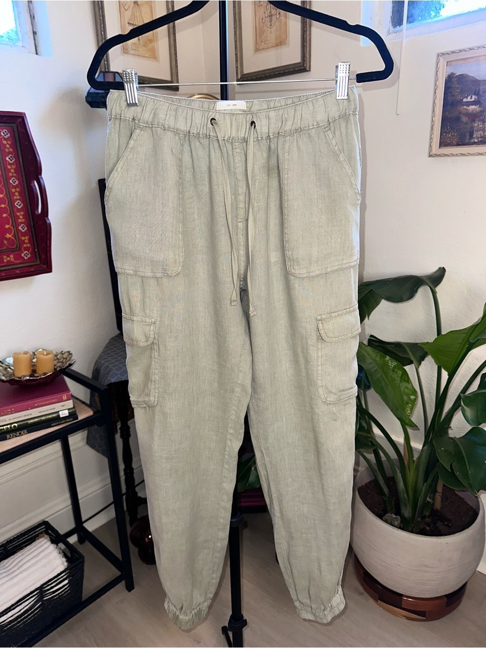 Nicole Miller 100 Percent Linen Olive Green Cargo Jogger Pants - Picture 2 of 8
